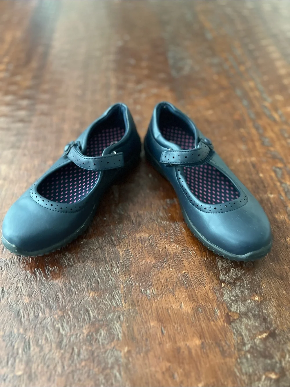 Kids Mary Jane School Shoes - Navy with Pink Polka Dot Insole Size 1